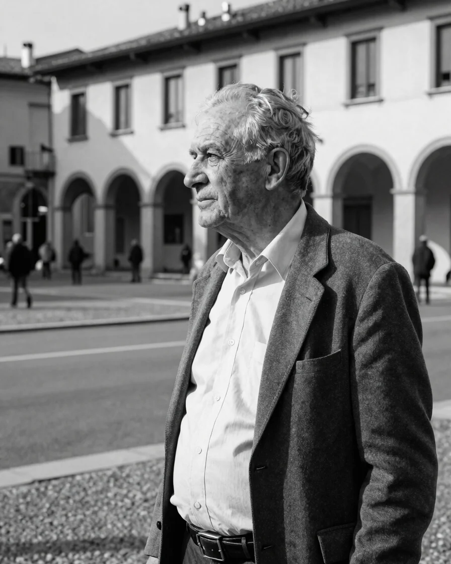 Ritratto editoriale documentario di un uomo di mezza età in abiti